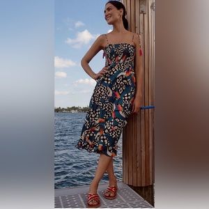 Anthropologie Farm Rio Toucan Birds Shirred Smocked Tiered Dress Size XL